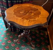 A marquetry occasional table with carved down swept legs (H54cm Dia54cm)