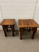 Two hardwood side tables with triangle cut outs turned legs by Dixy, Mexico