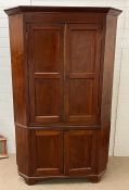 A substantial mahogany corner unit with panelled doors and brass trim (2 parts) (H200cm W120cm D70cm