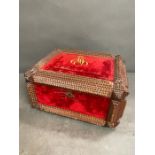 German tramp art, chip carved, jewelry box C. 1910-1920. The box has red velvet fabric on all four