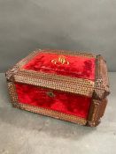 German tramp art, chip carved, jewelry box C. 1910-1920. The box has red velvet fabric on all four