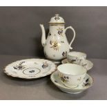 A Worcester porcelain coffee pot c.1785 9.25" high, a tea cup and saucer, tea bowl and saucer and