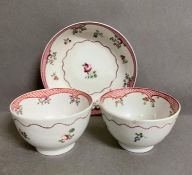 Two New Hall porcelain tea bowls and saucer Pattern 173 c.1795