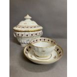 New Hall c1790 pattern 202 sucrier, tea bowl and saucer