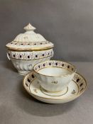 New Hall c1790 pattern 202 sucrier, tea bowl and saucer