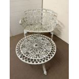 A white metal garden bench with circular coffee table (Bench H82cm W96cm D43cm)