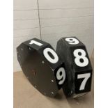 Two vintage wooden score board reels 0-9 81cm x 19cm