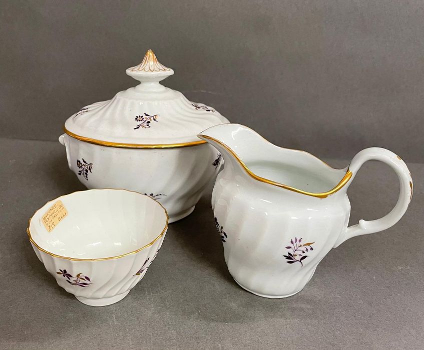 Worcester Flight period porcelain with puce design sucrier, milk jug and tea bowl