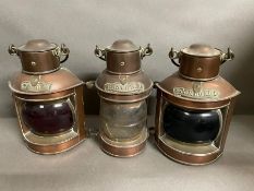 A Set of three copper ships lanterns, 'Port'. 'Masthead' and 'Starboard' (H23cm W14.5cm)