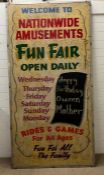 A large wooden vintage advertising sign for "Nationwide Amusements Fun Fair" (122cm x 245cm)