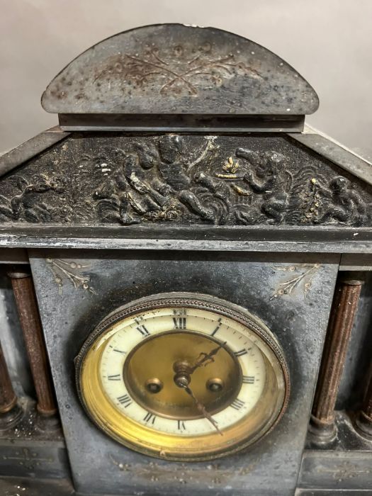 A French black slate striking mantle clock on raised mount and Corinthian columns - Image 5 of 5