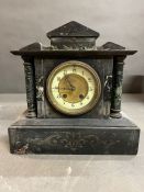 A slate and marble mantel clock with side pillars and brass inlay, eight day AF