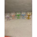 Harlequin Champagne Coupes ,shot glasses & large Amber Goblets (14) Mid 20th Cent.