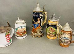 Five German beer steins to include one musical one