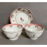 Two New Hall porcelain tea bowls and saucer Pattern 173 c.1795