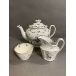 A New Hall, black and white teapot, jug and tea bowl