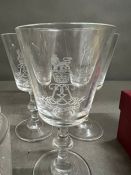 Military engraved glasses, decanter and lidded candle