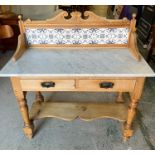 A Victorian pine tiled back wash stand with marble top (H110cm W107cm D48cm)