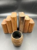 A pair of bookends and a small barrel made from teak of RMS Mauretania