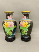A pair of small Chinese cloisonné vases, black and gilt floral decorated