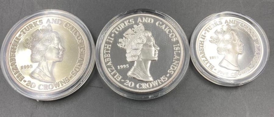 Three silver proof Turks and Caicos coins: Atlanta 1996 Five Crowns, Summer Olympics 1996, Queen - Image 2 of 3