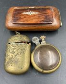 A Brass Vesta, A Trench Art Lighter and a wooden vesta/snuff box.