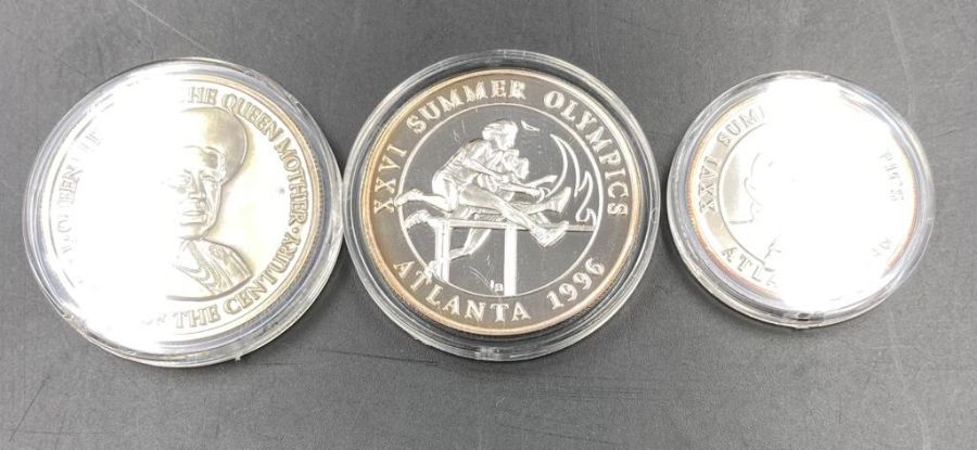 Three silver proof Turks and Caicos coins: Atlanta 1996 Five Crowns, Summer Olympics 1996, Queen