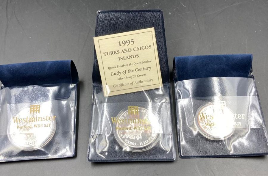 Three silver proof Turks and Caicos coins: Atlanta 1996 Five Crowns, Summer Olympics 1996, Queen - Image 3 of 3