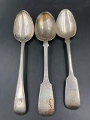Three silver spoons, various hallmarks and makers.