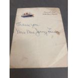 A Thank you note from Mr and Mrs Jerry Lewis on Cunard Line RMS Queen Elizabeth stationary.