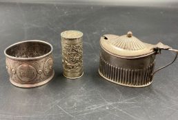 A silver napkin ring, pepper pot and a salt with blue glass liner, various makers and hallmarks