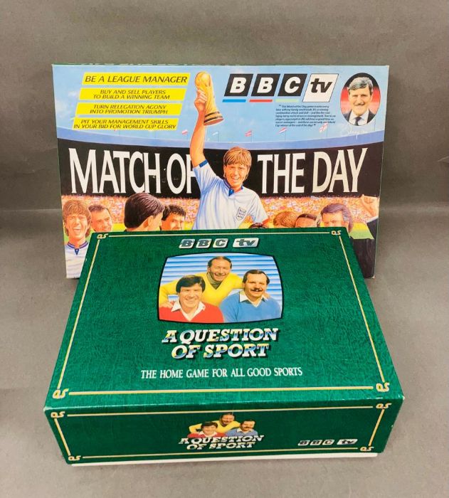 Two BBC tv board games, Match of the Day 1988 and A Question of Sport 1986 board game