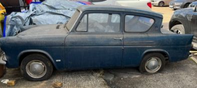 A Ford Anglia classic car 1964 saloon with the rare small grill front, 997cc, petrol, in blue.