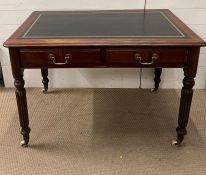 A mahogany writing desk, turned legs and centre drawers (H74cm W107cm D67cm)