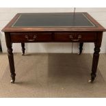 A mahogany writing desk, turned legs and centre drawers (H74cm W107cm D67cm)