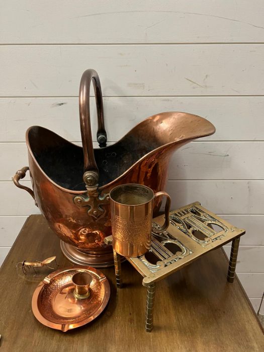 A selection of copper and brass to include coal scuttle