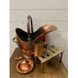 A selection of copper and brass to include coal scuttle