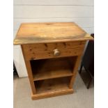 A pine side cabinet or bedside with drawer and open shelves (H94cm W65cm D45cm)