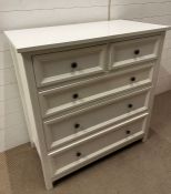 A white two over three contemporary chest of drawers (H83cm W154cm D72cm)