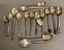 A large selection of silver teaspoons, various hallmarks, makers and designs.