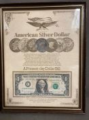 A Framed American Silver Dollar coin and note.