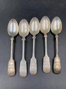 Five silver teaspoons, hallmarked for Sheffield makers mark JR