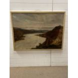 An oil on canvas of a Highland river or loch scene, there is some damage and it is signed bottom