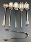 A selection of silver teaspoons, sugar nip, mustard spoon, various hallmarks and makers