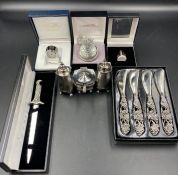 A selection of silver plated items and other gifts to include letter opener, pocket watch, Miniature