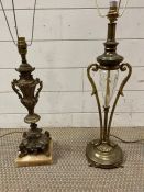 A brass and glass table lamp and a brass marble base table lamp