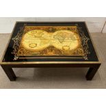 A Maison Jansen mahogany table, brass edge glass world map on top 1960's (H43cm W106cm D74cm)