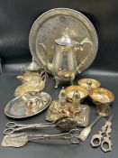 A selection of silver plate tableware to include salt, pepper and trays etc