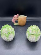 A Hornsea "Take More Water With It" jug and a cabbage salt and peppers