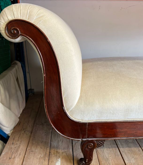 A George IV style mahogany chaise lounge, re-upholstered with padded back and scrolled ends, - Image 2 of 4